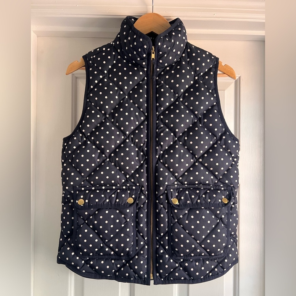 J. Crew Navy Quilted Puffer Vest with White Polka Dots and Gold Accents